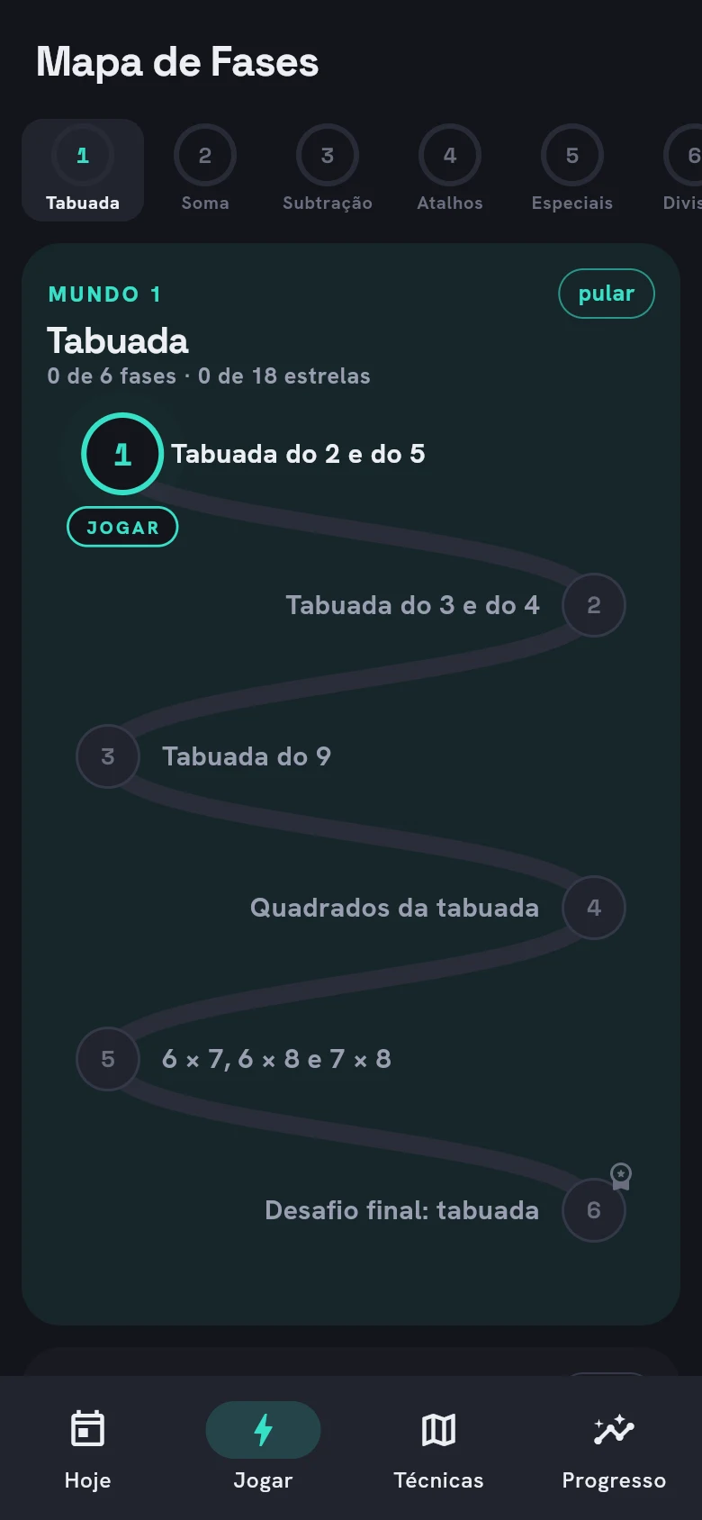 Tela real do Estalo em um iPhone: mapa das fases de tabuada.